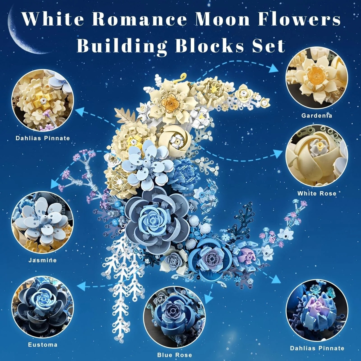 Blue Moon Flower Building Set, Botanical Collection Crescent-Shaped Artificial Flowers Building Blocks Kit Compatible with Lego for Adults Home Décor Wall Art Decoration