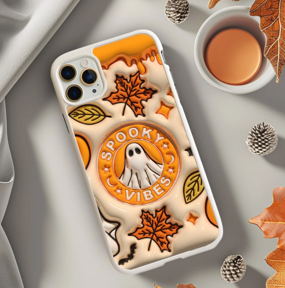 Spooky Vibes Ghost Phone Case with Autumn Leaves and Spooky Sign Design, iPhone, Pixel, Samsung