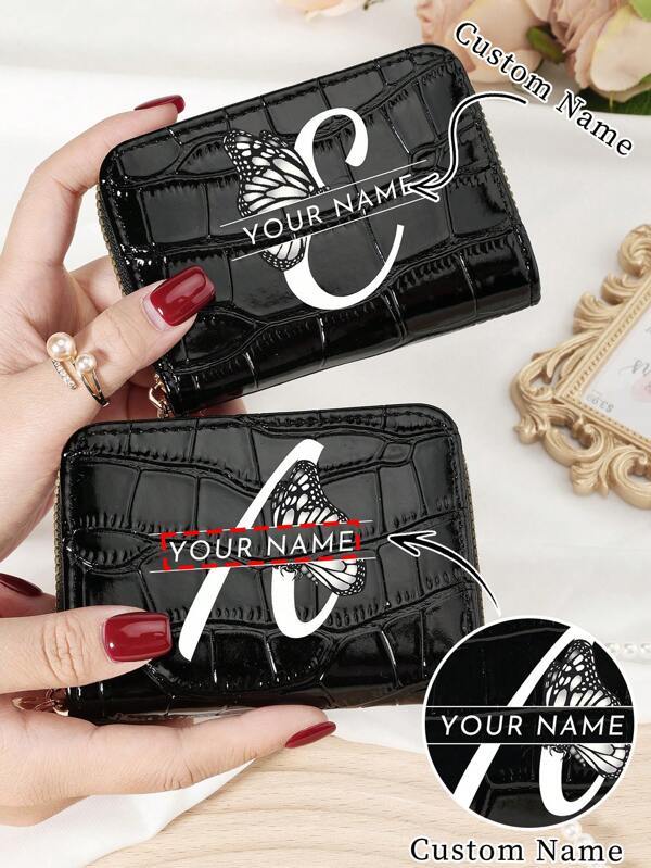 Customized Name/Signature Crocodile Texture Letter Floral Pattern Multi Slot Card Holder Zipper Wallet, Valentine's Day, Mother's Day, Birthday Gift Valentines Purses And Bags Women