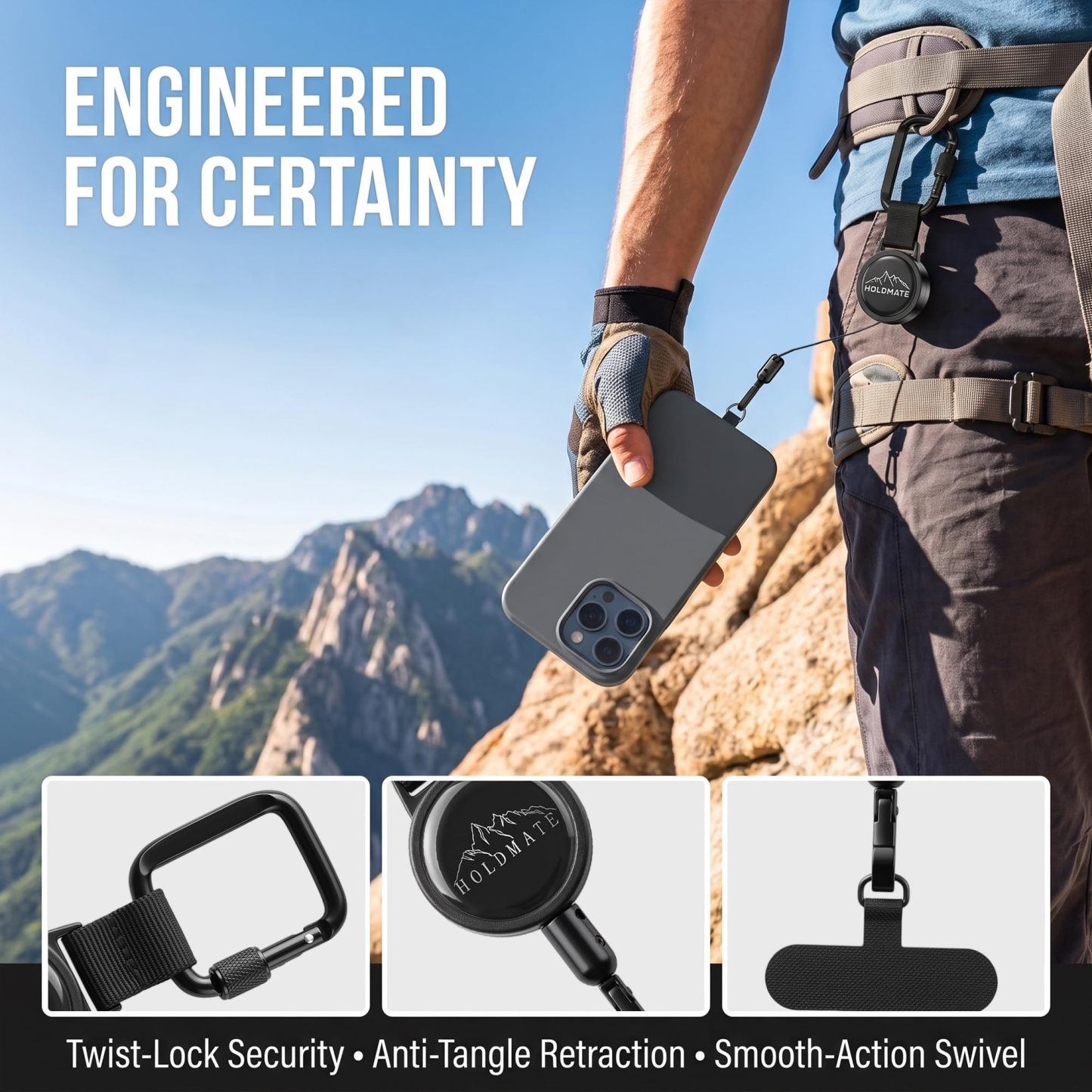 Retractable Phone Tether For Iphone & Smartphones | Anti-Drop Safety Lanyard, Locking Clip & 360° Swivel, Secure Holder For Skiing, Hiking, Cycling, Travel