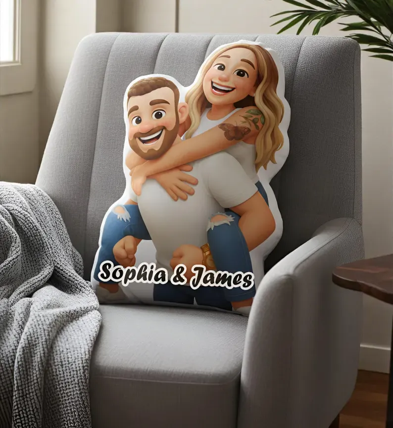 Personalized Photo to Cartoon Pillow, Custom Photo Couple Portrait Cushion, Valentine’s Day For Couple, Wedding Anniversary Gift for Him Her