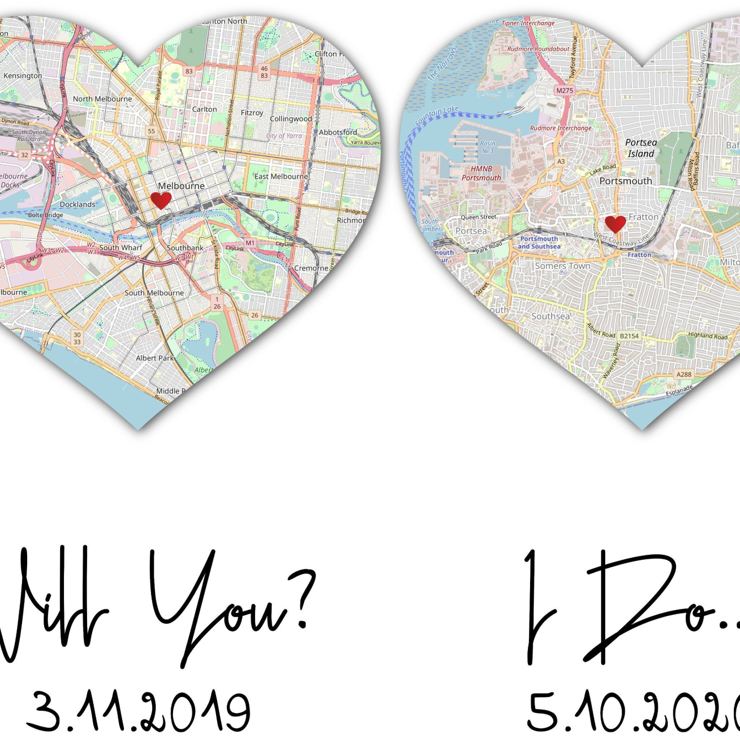 Hello, Will You, I Do 3 Heart Map Print, First Anniversary Gift, Wedding Anniversary Gift For Couple, Cotton Anniversary, Met Engaged Married
