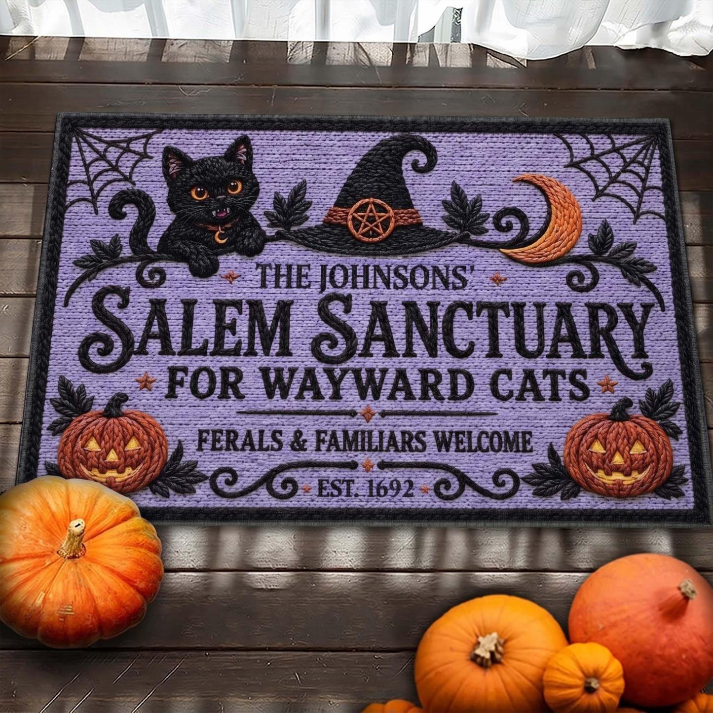 Custom Salem Sanctuary Black Cat Doormat – Personalized Halloween Family Name & Est. Date Welcome Mat for Front Door Decor