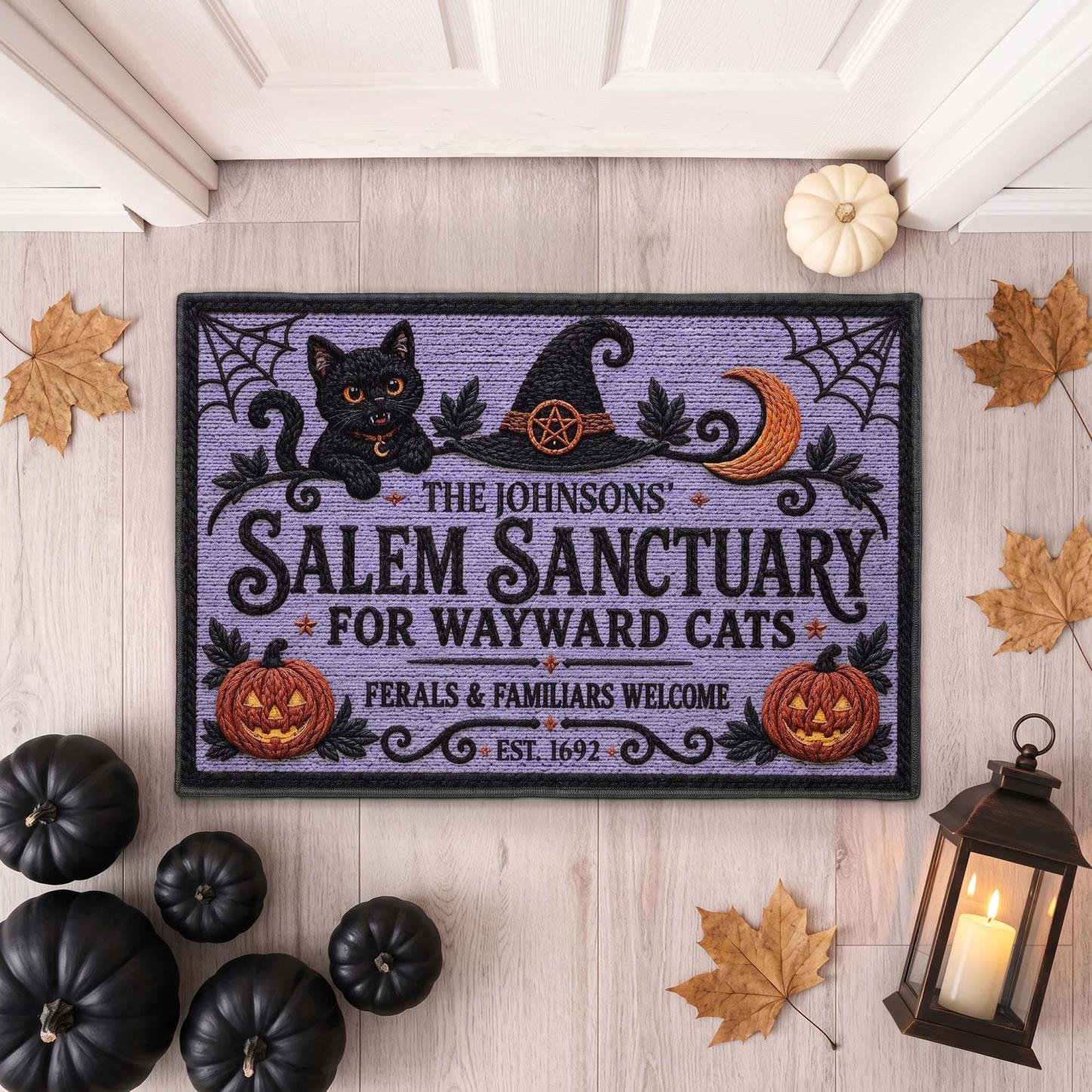 Custom Salem Sanctuary Black Cat Doormat – Personalized Halloween Family Name & Est. Date Welcome Mat for Front Door Decor