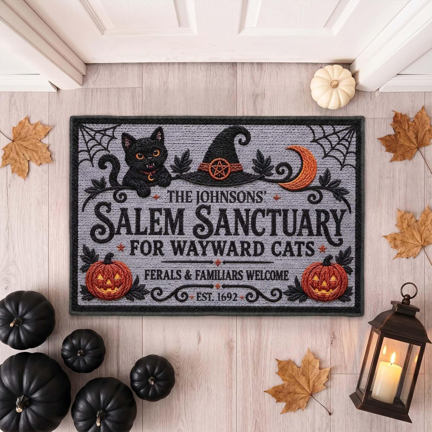 Custom Salem Sanctuary Black Cat Doormat – Personalized Halloween Family Name & Est. Date Welcome Mat for Front Door Decor