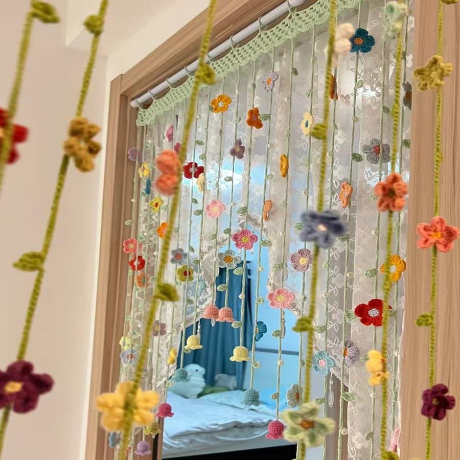 🌸 Handmade Crochet Spring Flower Door Curtain | Boho Floral Tassel Curtain for 80cm Doorway