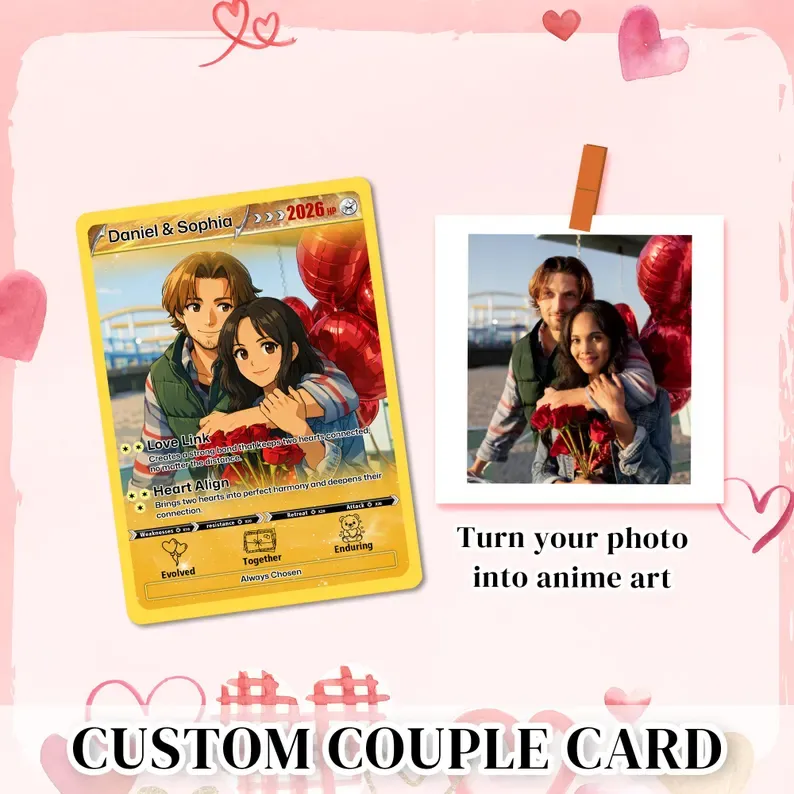 Personalized Valentine’s Day Power Couple Card, Custom Anniversary Card Couple Photo Anime Style, Best Valentine's Day Gift for Lover