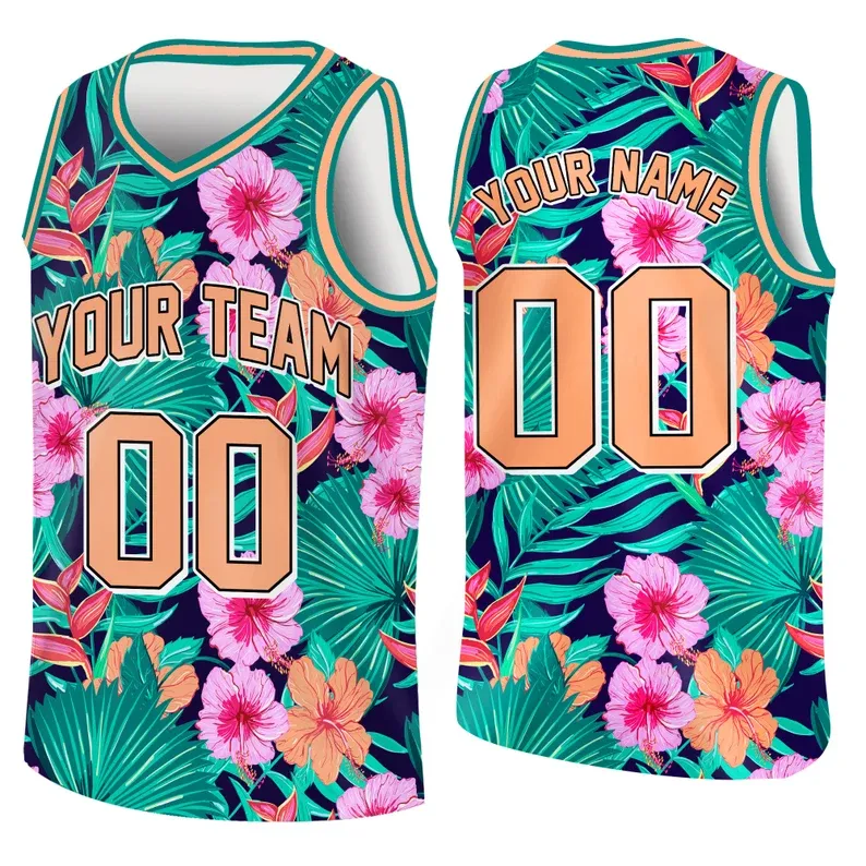 Custom 3D Pattern Tropical V Shape Hawaii Leaves Basketball Jersey With Name & Number - 
