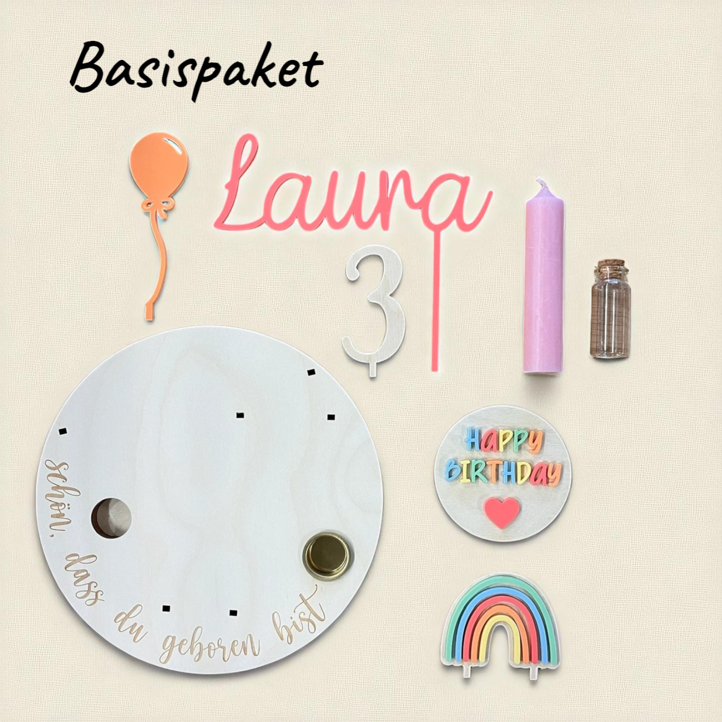 Personalized birthday plate colorful with vase and candle, candle plate, birthday board, birthday table, birthday wreath