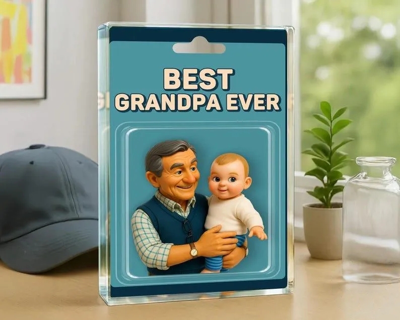 Personalisierter Foto Opa Und Enkel Actionfigur Acrylblock, Personalisiertes Vatertagsgeschenk Für Großvater, Geschenk Für Papa Von Kindern