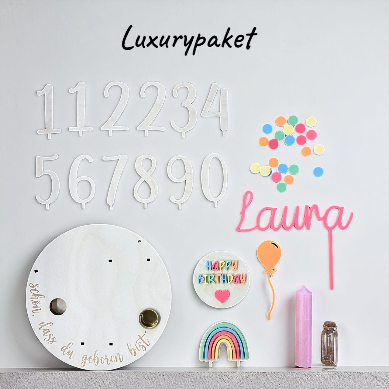 Personalized birthday plate colorful with vase and candle, candle plate, birthday board, birthday table, birthday wreath