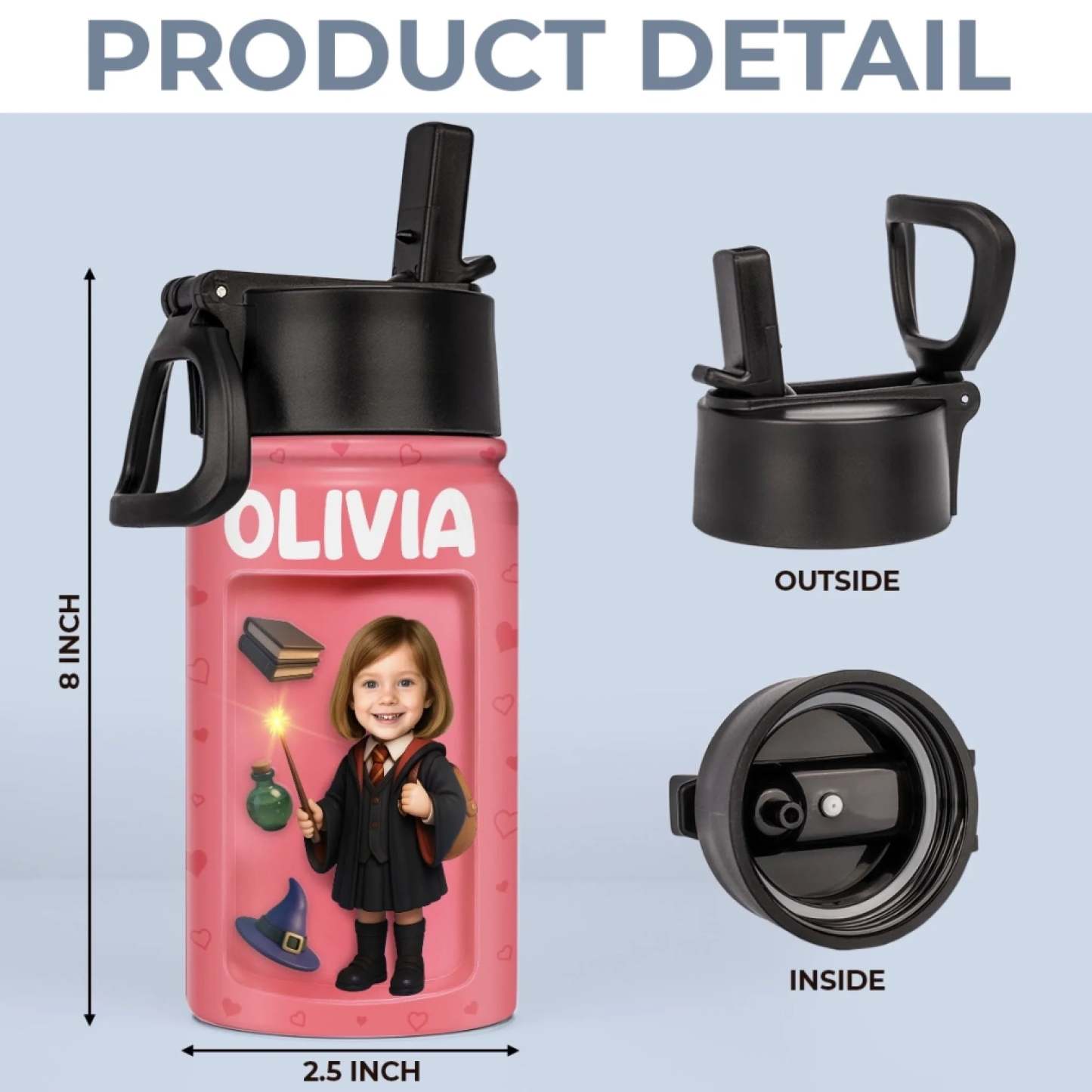 Custom Photo 3D Inflated Effect Printed Kids Water Bottle - Personalized Back To School Gifts For Kids - Ready To Cast Some Spells