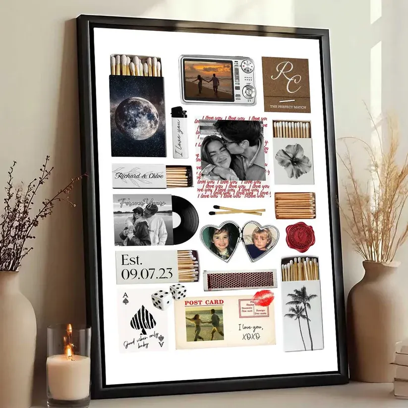 Custom Couple Matchbook Romantic Love Collage - Personalized Poster - Sentimental Gift for him, for her