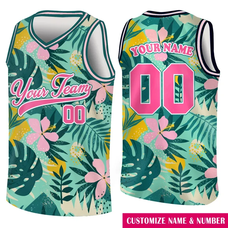 Custom 3D Pattern Tropical V Shape Hawaii Leaves Basketball Jersey With Name & Number - 