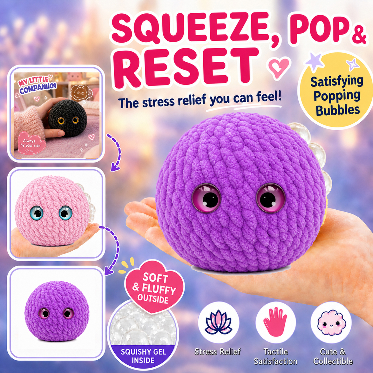 Crochet Bubble Squishy Ball – Soft Handwoven Fidget Toy with Slow-Rising Bubble Pop, Cute Sensory Stress Relief Toy Hand-knitted