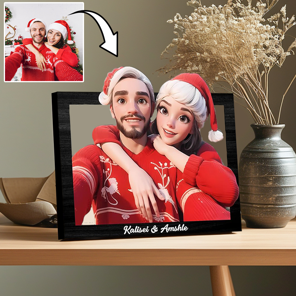 Personalisiertes 3d-foto-holzrahmenschild Im Cartoon-stil, Individuelles Familienfoto, 3d-cartoon-porträt, Geschenk, Comic-fotorahmen, Hochzeitstag, Weihnachten, Paargeschenk -