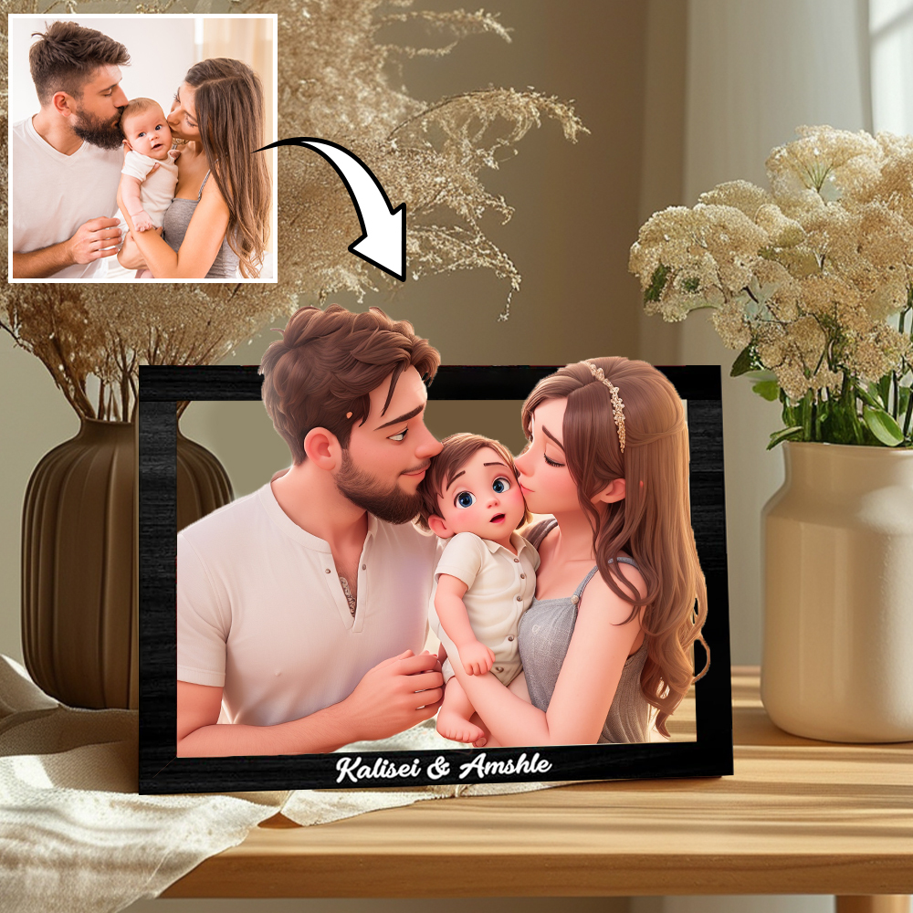 Personalisiertes 3d-foto-holzrahmenschild Im Cartoon-stil, Individuelles Familienfoto, 3d-cartoon-porträt, Geschenk -