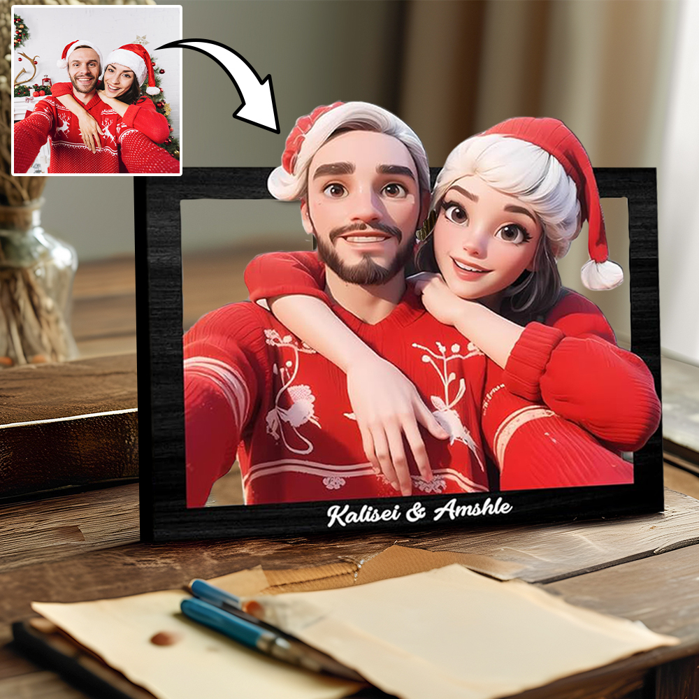 Personalisiertes 3d-foto-holzrahmenschild Im Cartoon-stil, Individuelles Familienfoto, 3d-cartoon-porträt, Geschenk, Comic-fotorahmen, Hochzeitstag, Weihnachten, Paargeschenk -