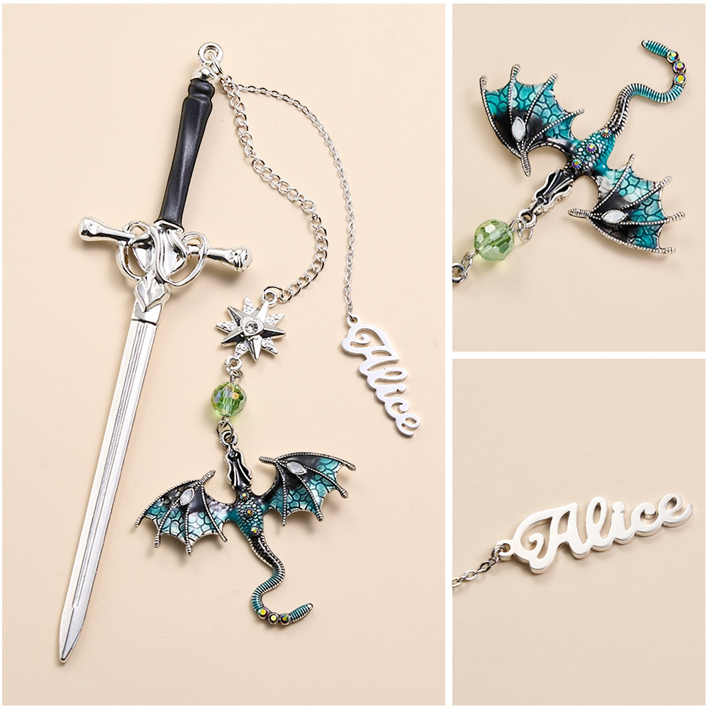 Personalisiertes Lesezeichen Mit Drachenschwert – Personalisierter Name, Fantasy-anhänger Mit Geflügeltem Drachen, Metall, Geschenk Für Buchliebhaber - 