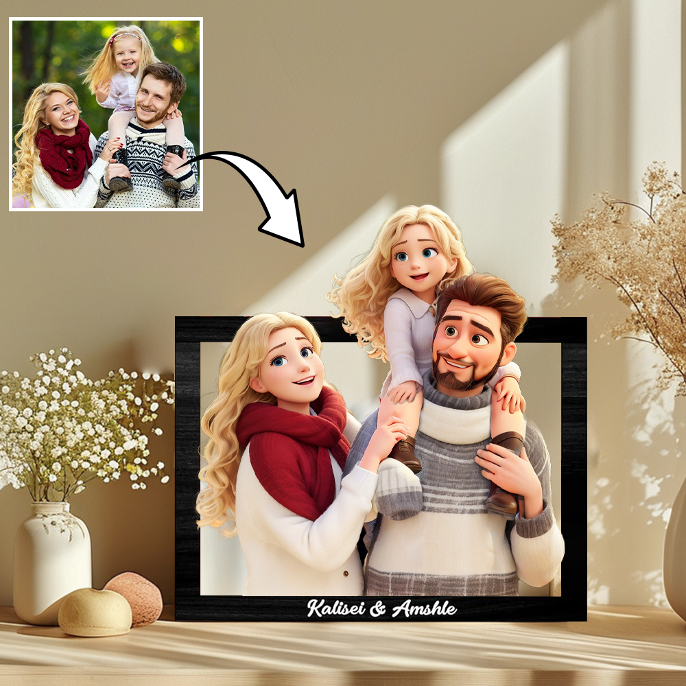 Personalisiertes 3d-foto-holzrahmenschild Im Cartoon-stil, Individuelles Familienfoto, 3d-cartoon-porträt, Geschenk