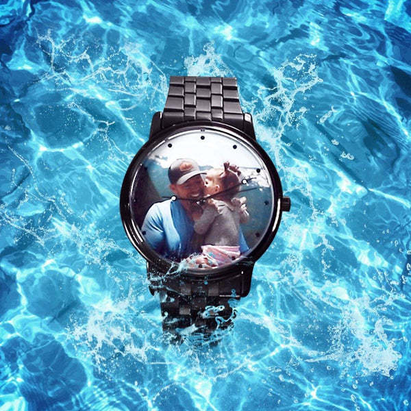 Herrenuhr Mit Foto, Graviert, Schwarzes Legierungsarmband, 38 Mm, Jubiläumsgeschenke -