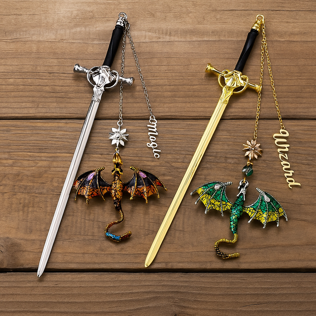 Personalisiertes Lesezeichen Mit Drachenschwert – Personalisierter Name, Fantasy-anhänger Mit Geflügeltem Drachen, Metall, Geschenk Für Buchliebhaber - 