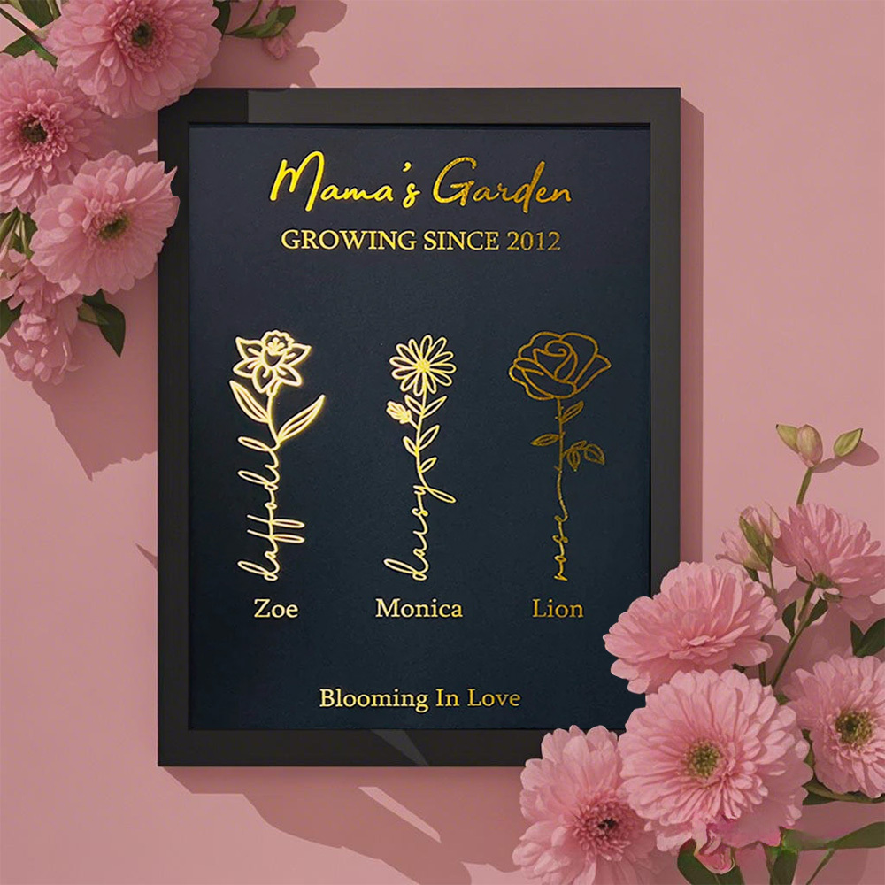 Geschenke Für Mama Personalisierter Geburtsblumenrahmen Aus Goldener Folie - 