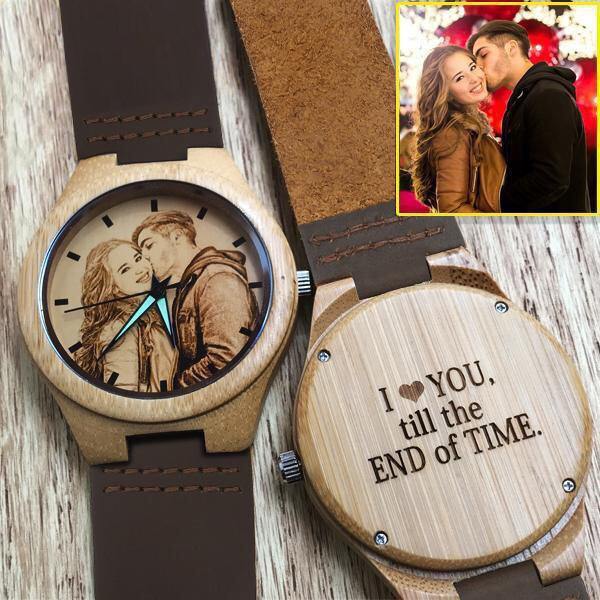 Personalisierte Herrenuhr Aus Holz Mit Fotogravur Und Braunem Rindslederarmband -