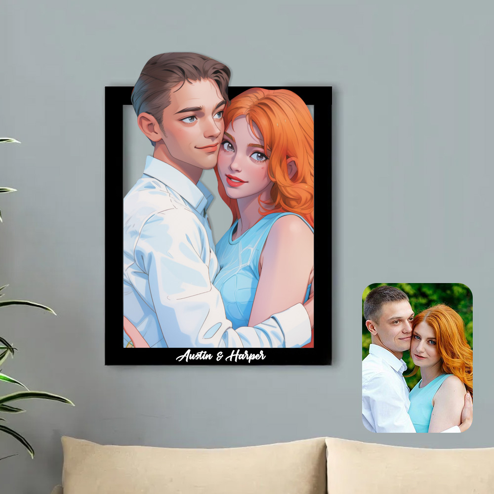 Personalisiertes 3d-foto-holzrahmenschild Im Cartoon-stil, Individuelles Familienfoto, 3d-cartoon-portrait-geschenke -
