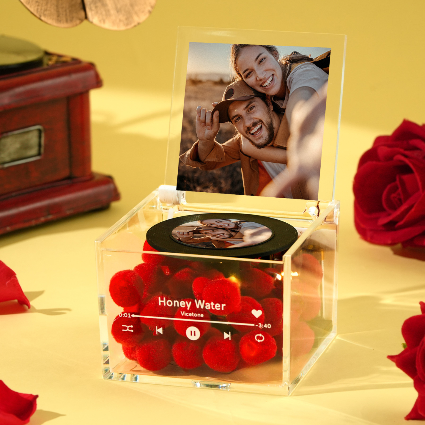 Premium Mini-musikrekorder Mit Automatischem Musikabspieler, Personalisiertem Foto Und Licht, Acrylbox - 
