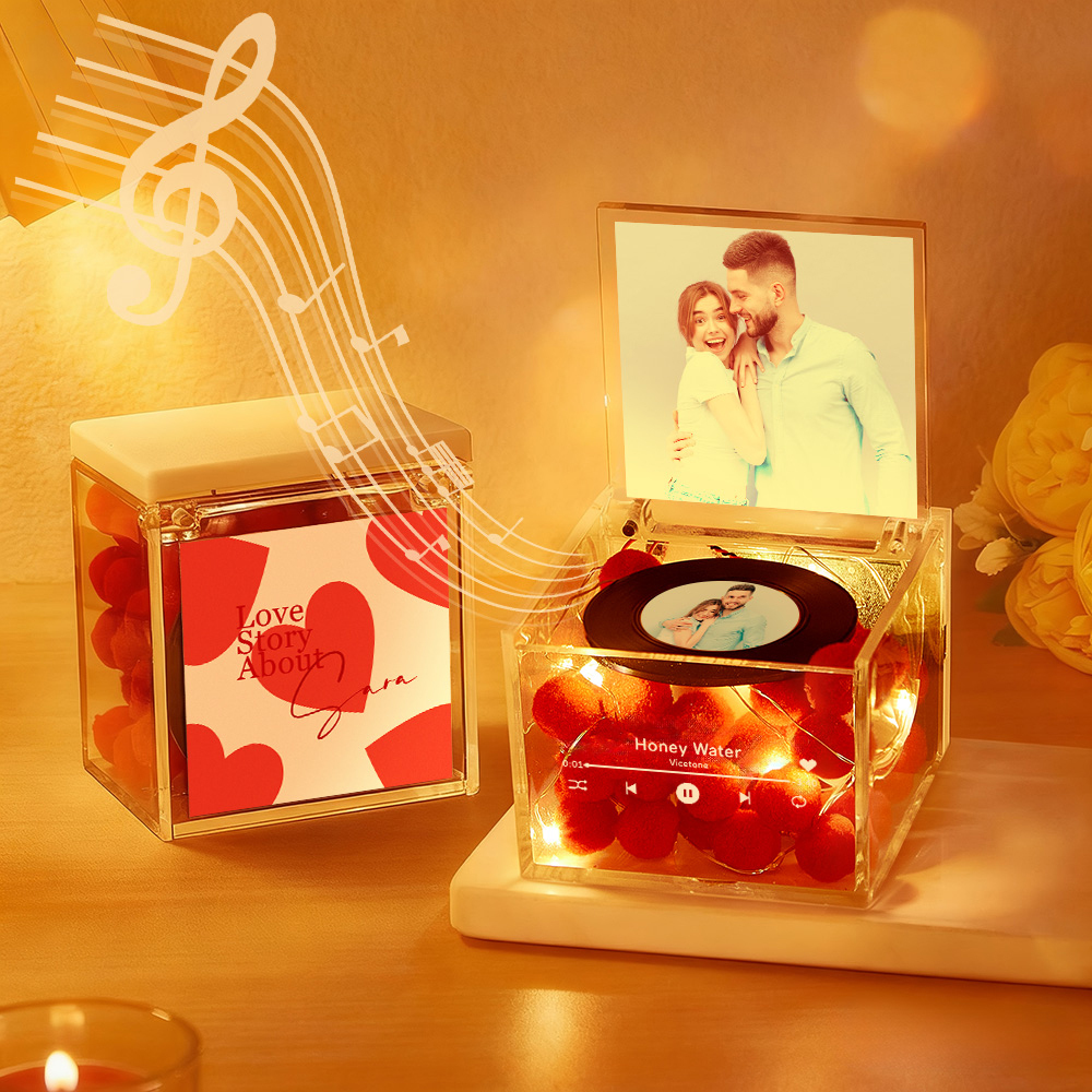 Premium Mini-musikrekorder Mit Automatischem Musikabspieler, Personalisiertem Foto Und Licht, Acrylbox - 