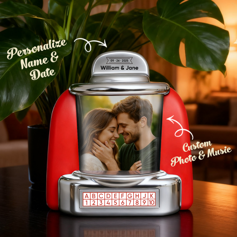 (Pre-Sale, Ships on 20/10)Custom Jukebox Retro Speaker – Personalized Photo,Names & Date Music Mini Player with Radio | Vintage Tabletop Home Decor Nostalgic Gift