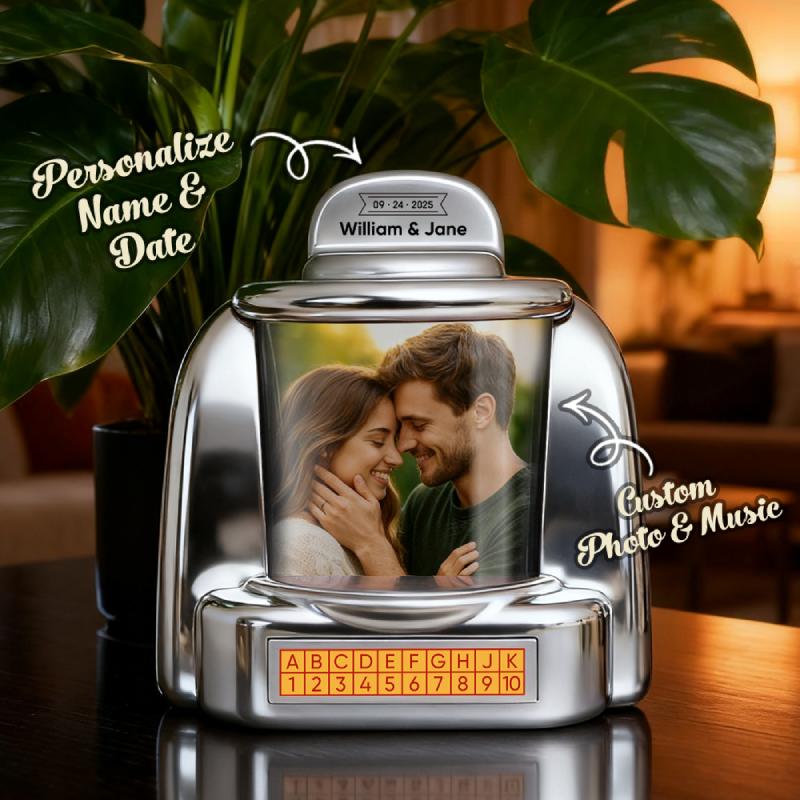 (Pre-Sale, Ships on 20/10)Custom Jukebox Retro Speaker – Personalized Photo,Names & Date Music Mini Player with Radio | Vintage Tabletop Home Decor Nostalgic Gift