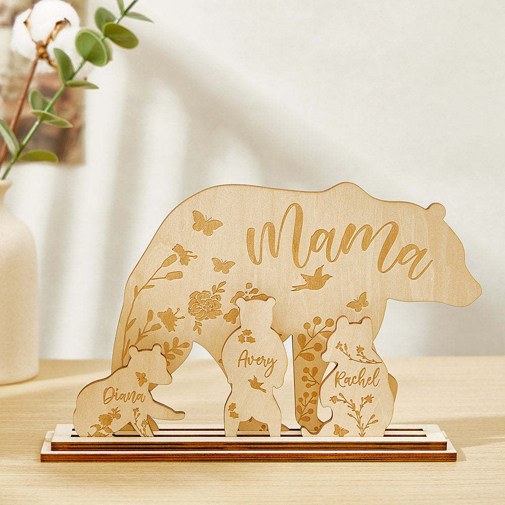 Personalisierter Mama Bär Mit Jungtieren, Holz-schreibtischdekoration, Geschenk Für Mama - FotoPortemonnaie
