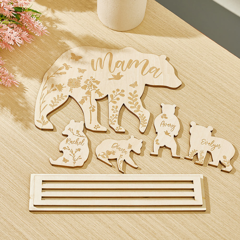 Personalisierter Mama Bär Mit Jungtieren, Holz-schreibtischdekoration, Geschenk Für Mama - FotoPortemonnaie