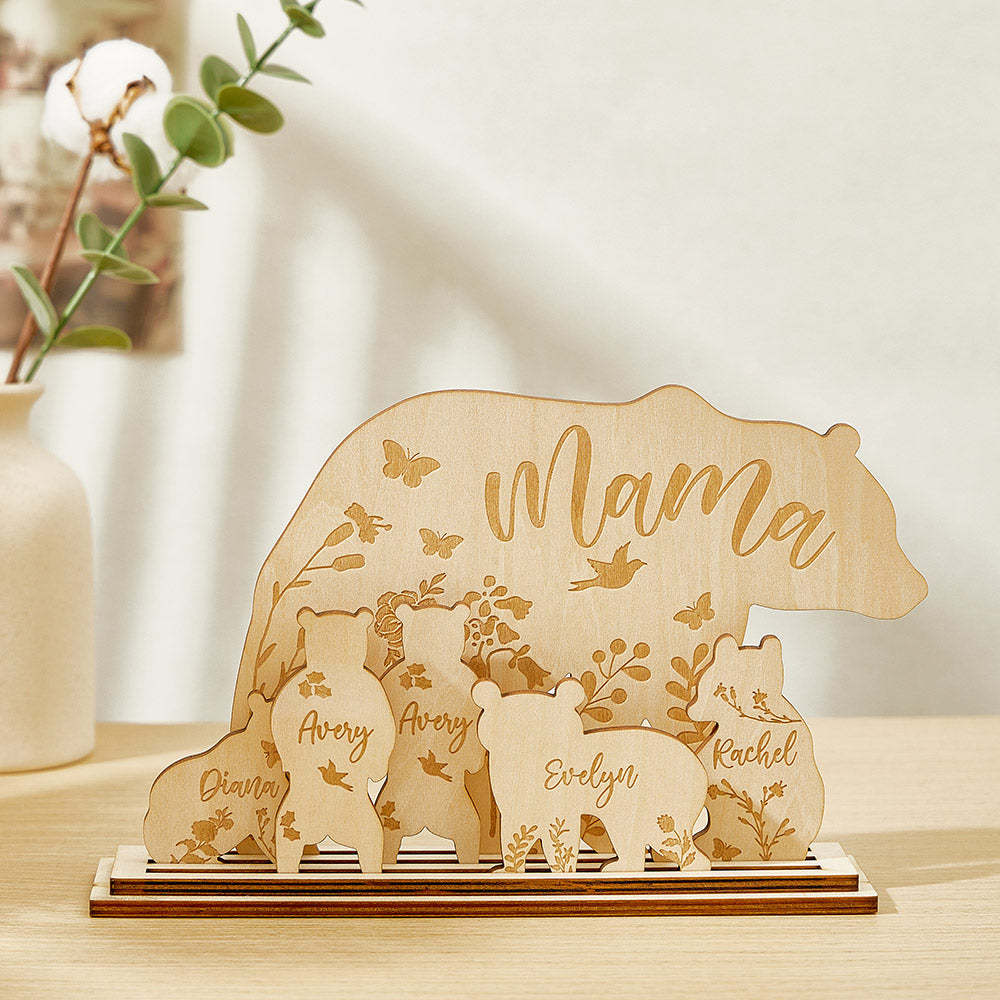 Personalisierter Mama Bär Mit Jungtieren, Holz-schreibtischdekoration, Geschenk Für Mama - FotoPortemonnaie