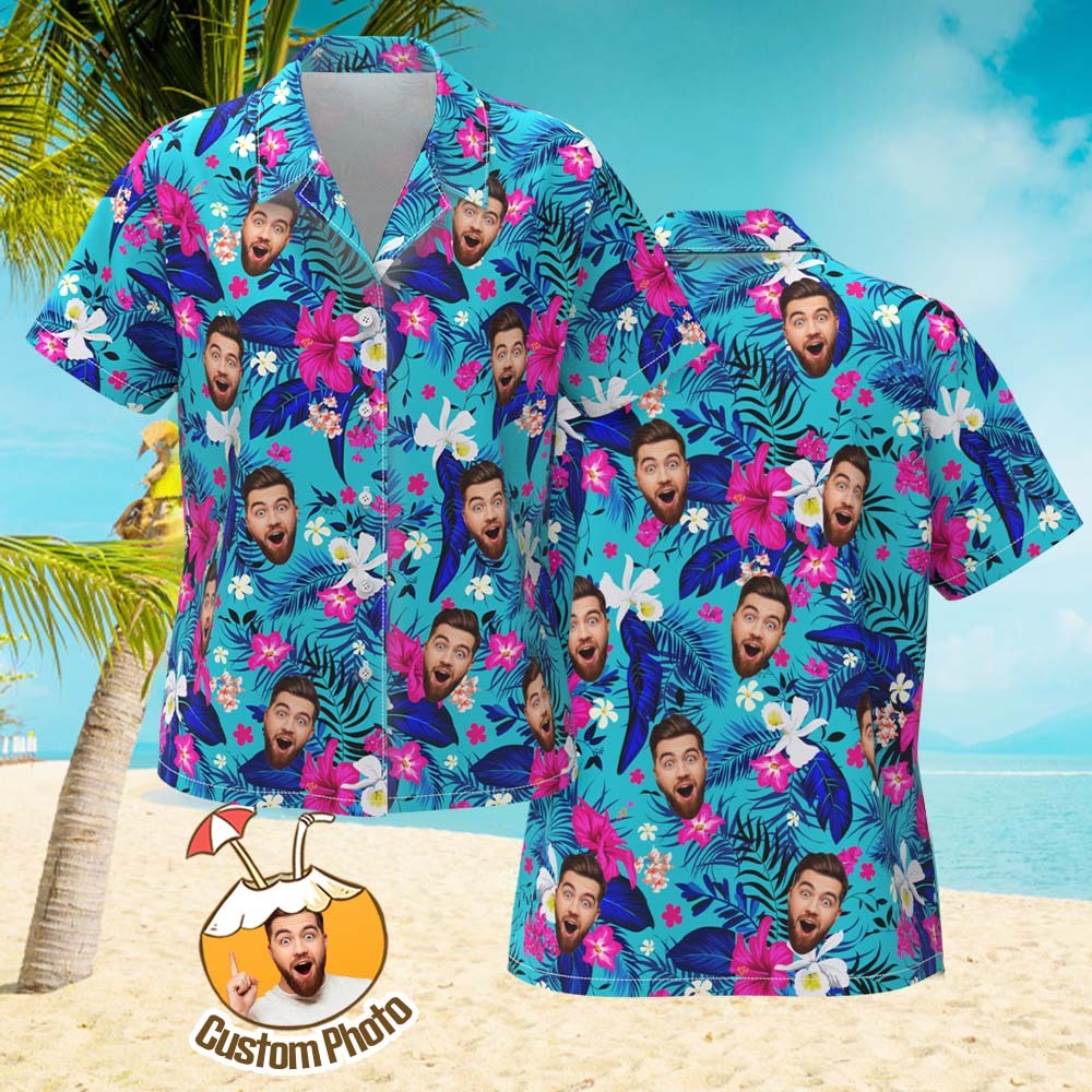 Benutzerdefiniertes Hawaii-hemd Mit Gesicht, Personalisiertes Hawaii-hemd-logo Mit All-over-print, Rosa Blumen-hawaii-hemd Für Sie - 