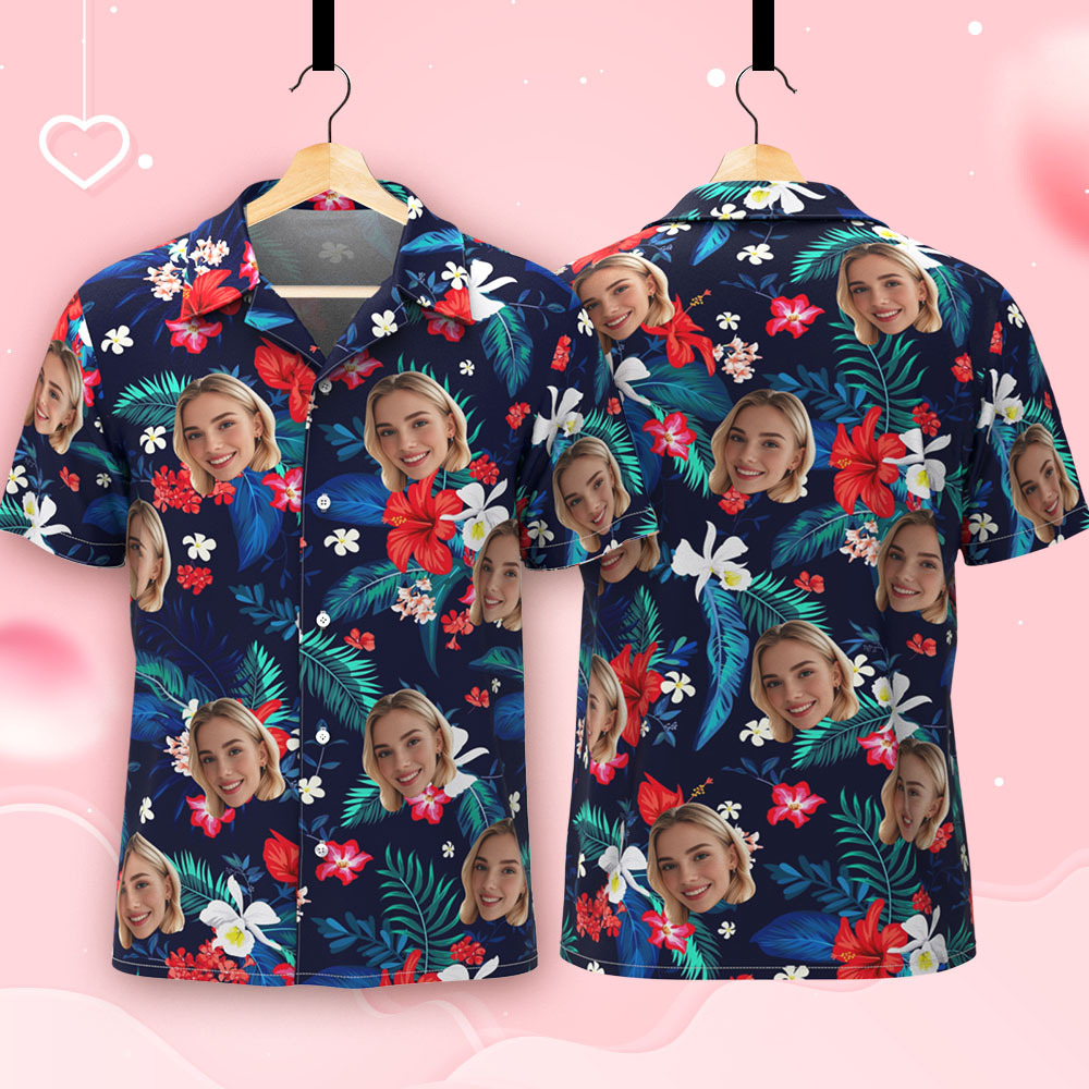 Benutzerdefinierte Hawaii-shirt Mit Gesicht Personalisierte Sommer Blumen Rot Und Weiß Blume Shirt Urlaub Urlaub Geschenk