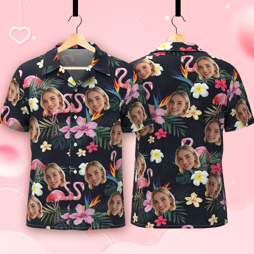 Benutzerdefinierte Flamingo Grün Blätter Hawaiian Shirt Mit Gesicht Personalisierte Sommer Shirt Urlaub Urlaub Geschenk