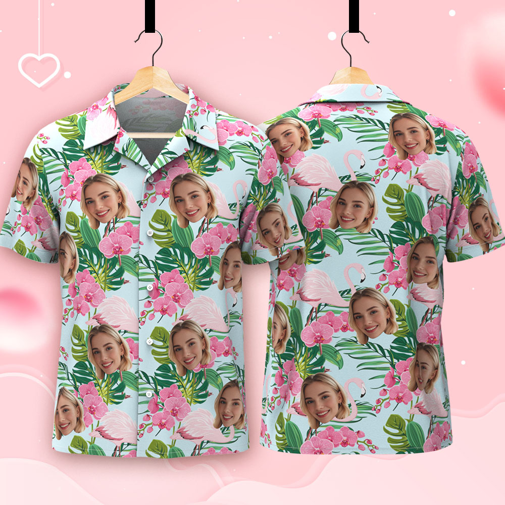 Benutzerdefinierte Flamingo Rosa Blume Hawaiihemd Mit Gesicht Personalisierte Sommer Shirt Urlaub Urlaub Geschenk