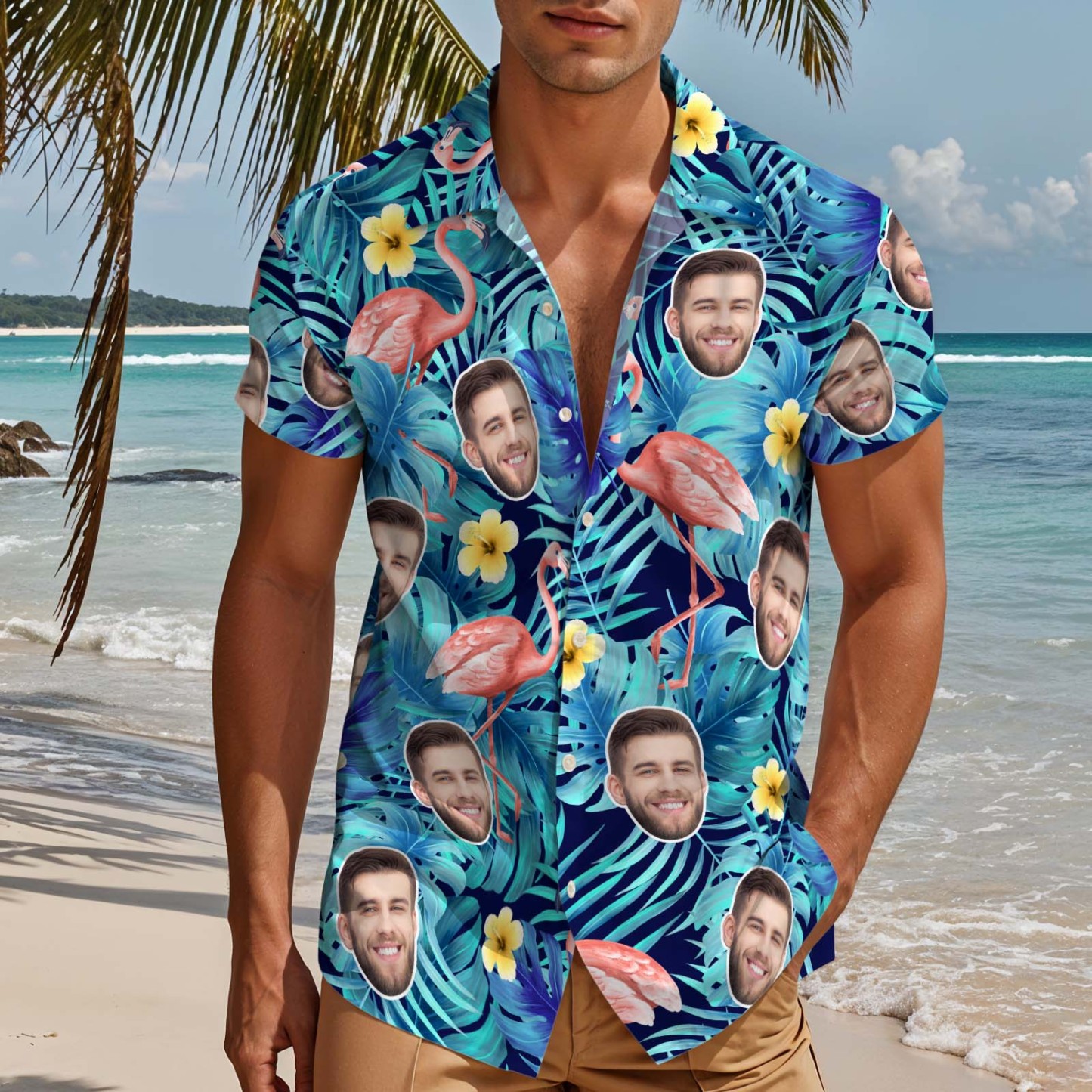 Custom Face Hawaiihemden Flamingo Aloha Beach Shirt Herren Casual Button-down-hemden - Blau - 