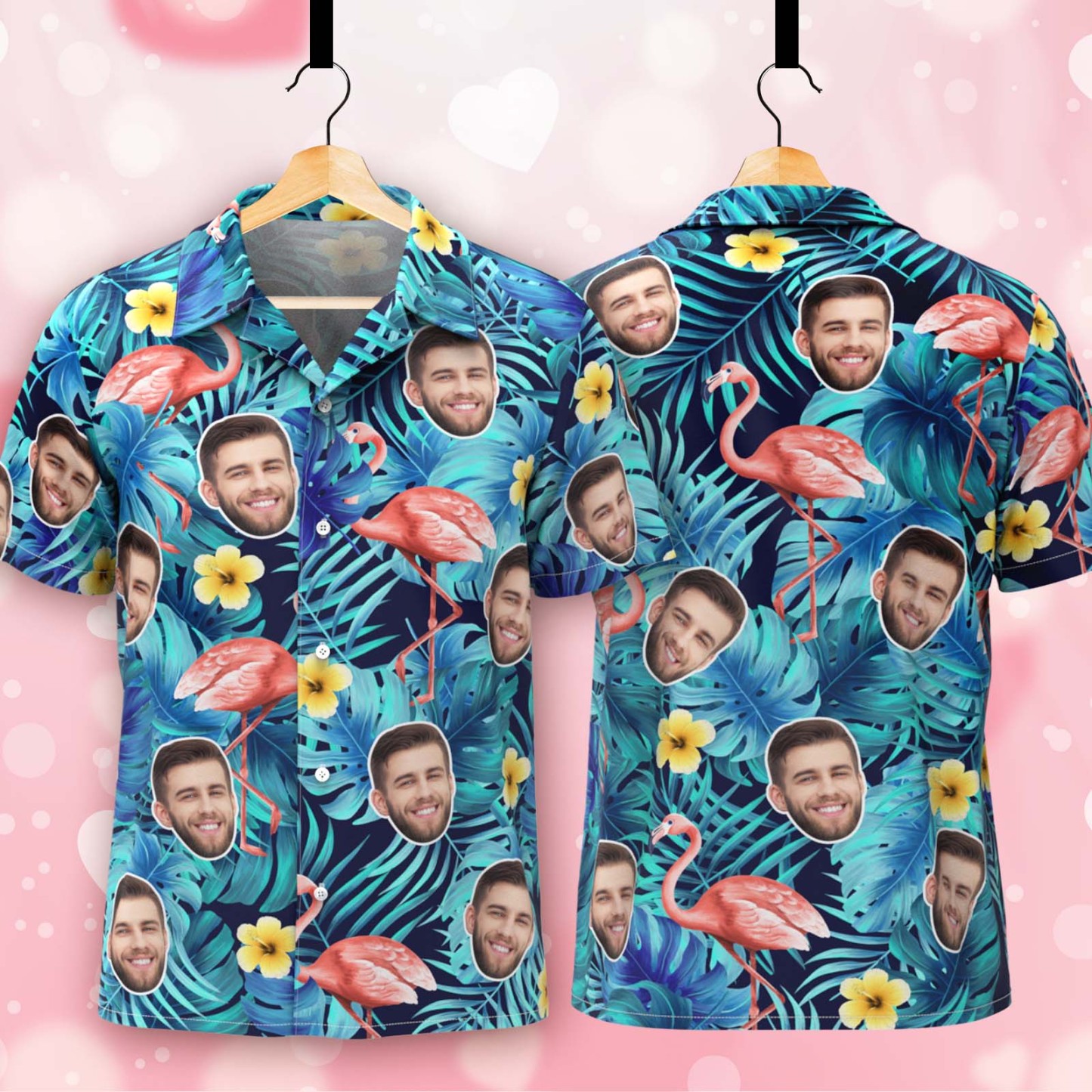 Custom Face Hawaiihemden Flamingo Aloha Beach Shirt Herren Casual Button-down-hemden - Blau -