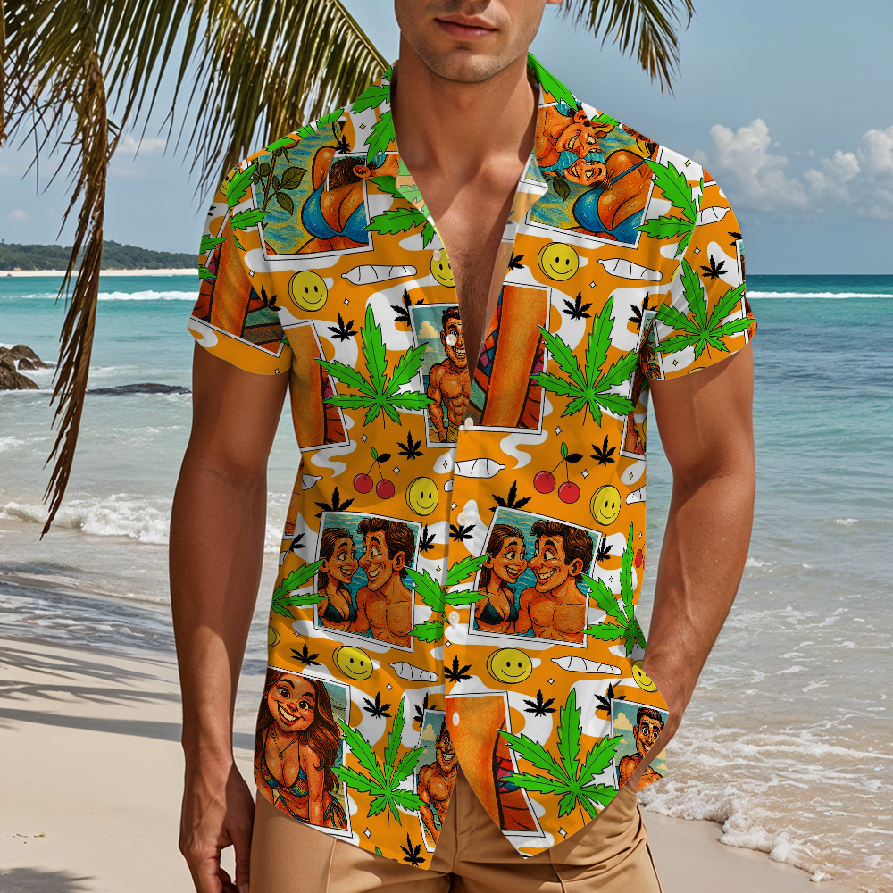 Retro Cartoon Island Vibes Orange Hawaiihemd Lustiges Individuelles Shirt Für Sommerferien Oder Paar-matching - 