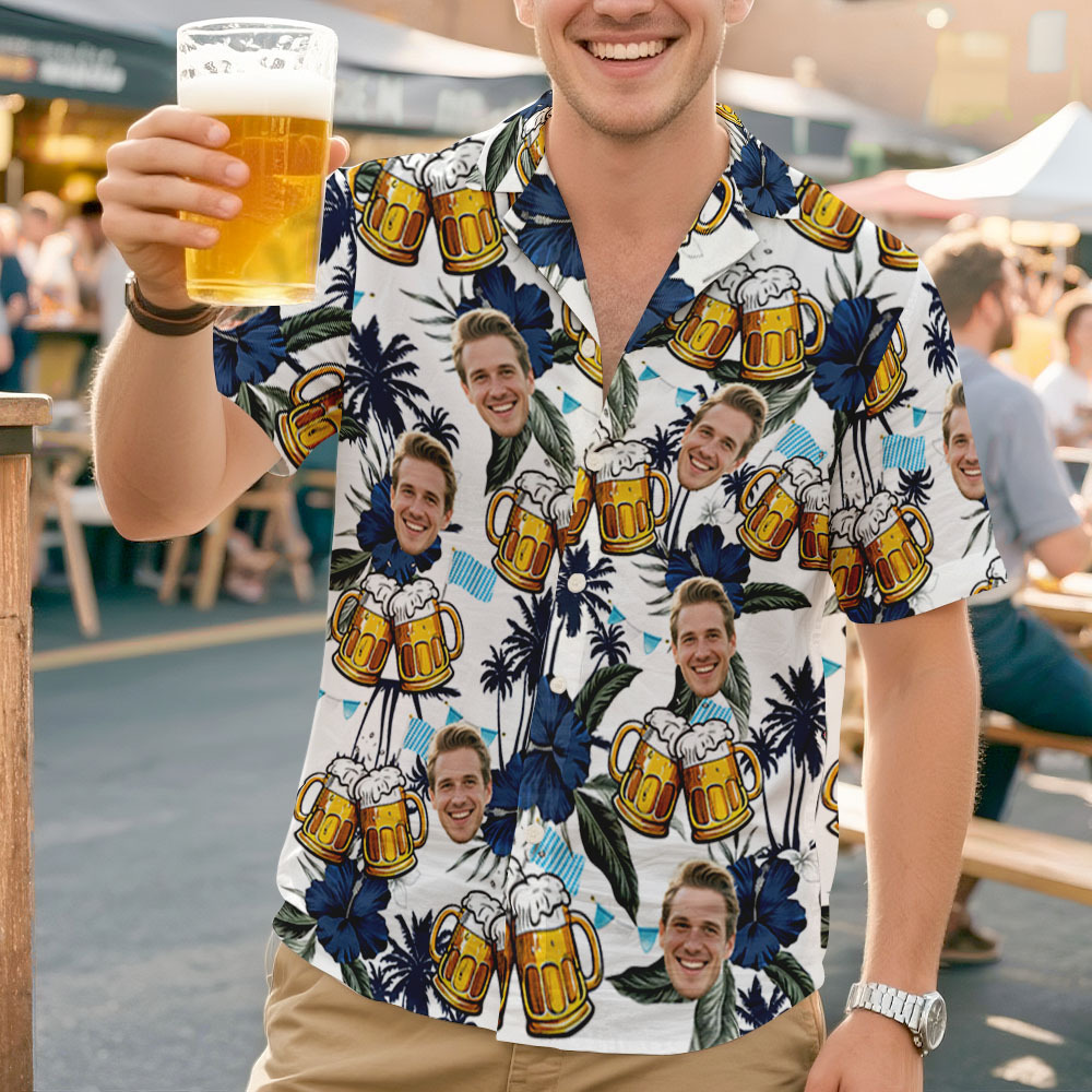 Bierkrug Mit Individuellem Gesicht Und Tropischem Hibiskus-shirt, Personalisiertes Party-shirt Für Bierliebhaber, Grillabende Und Strandurlaube - 