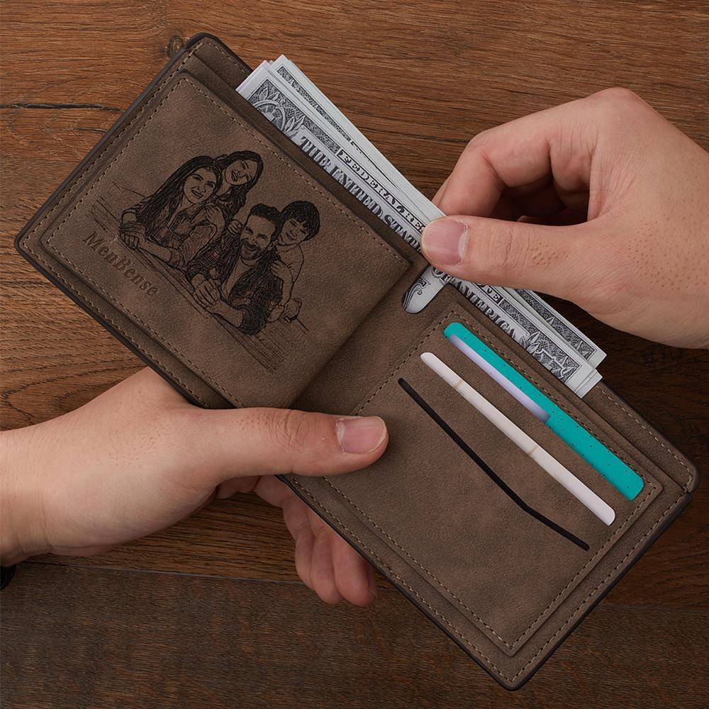 Herren Benutzerdefinierte Foto Gravierte Brieftasche Valentinstag Geschenke Kurze Geldbörse Kaffee