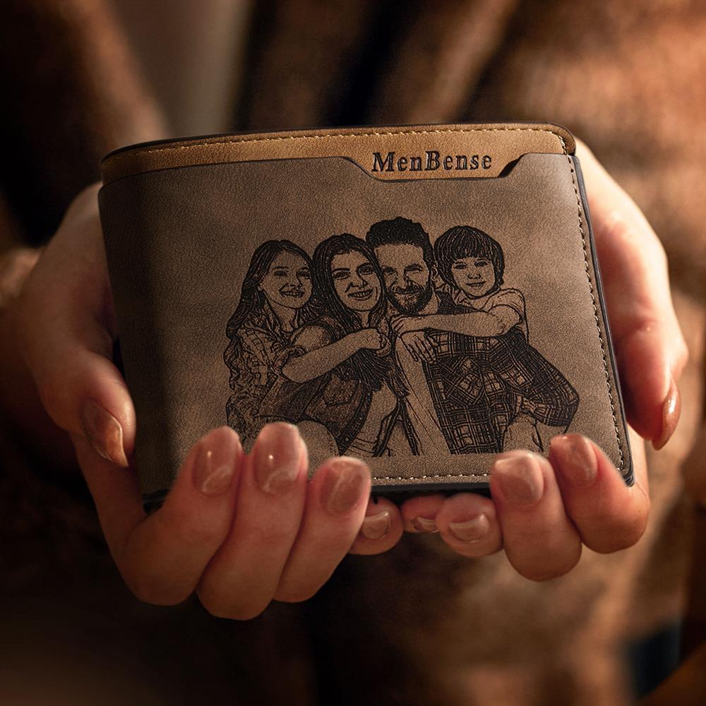 Herren Benutzerdefinierte Foto Gravierte Brieftasche Valentinstag Geschenke Kurze Geldbörse Kaffee