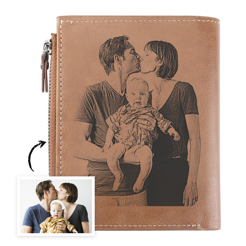 Men's Bifold Short Brown Custom Sketch Photo Wallet