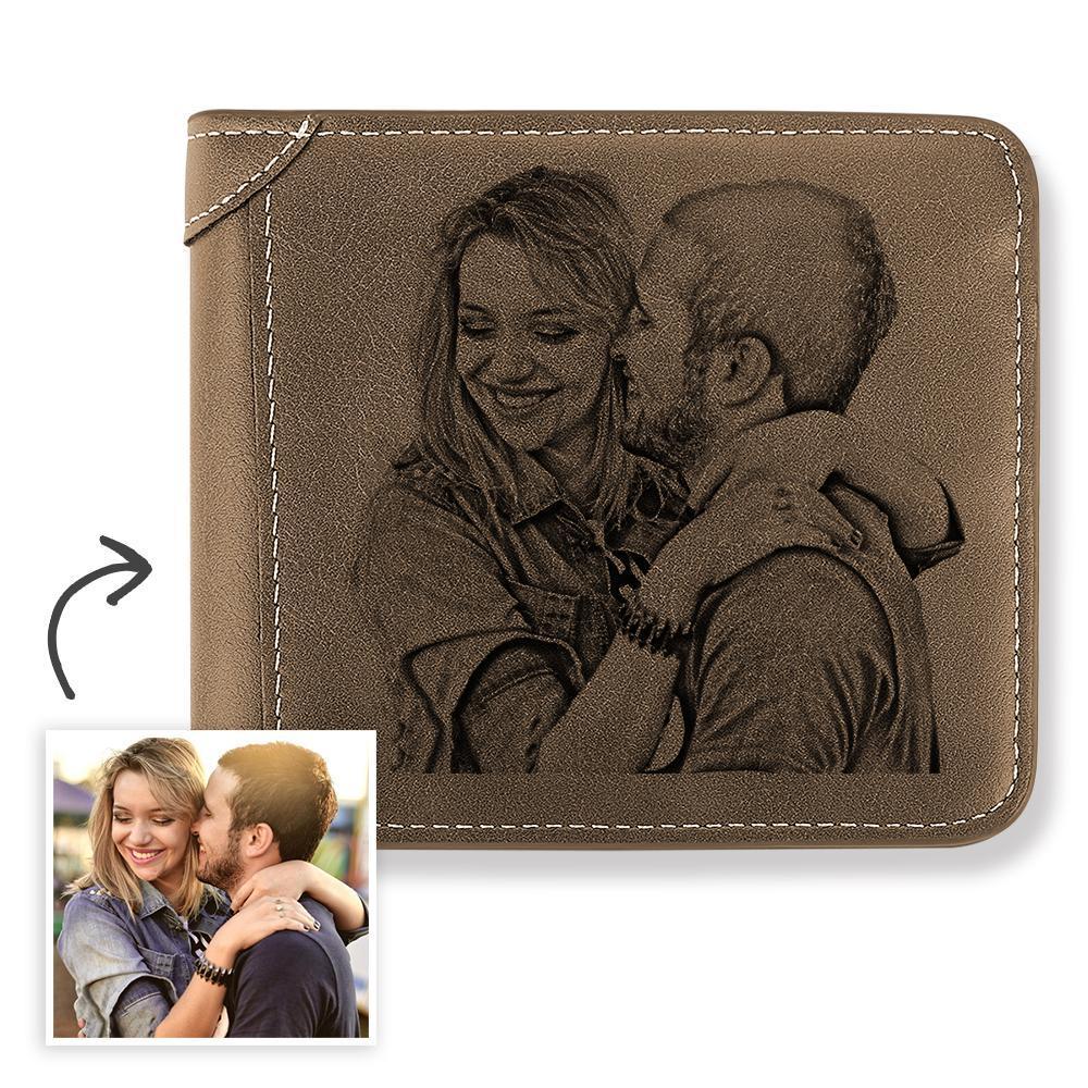 Gravierbares Herren Foto Gravierte Foto Brieftasche - Braun Leder