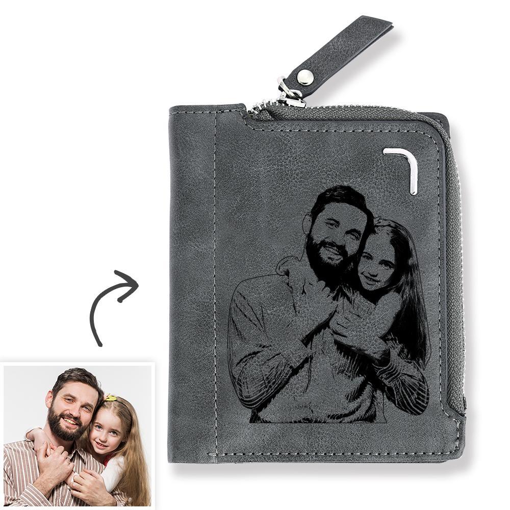 Vatertagsgeschenk Herren Personalisiert Foto Graviert Reißverschluss Geldtasche Für den Besten Vater Für ihn - Grau Leder Für Vater
