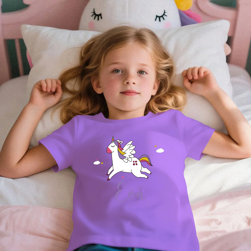Personalisierter Kinderpyjama Im Einhorn-stil Für Kleine Mädchen, Weicher Modalstoff, Homewear, Personalisierte Pyjama-größen 39 Bis 59 Zoll, Kurzarm Und Shorts - 